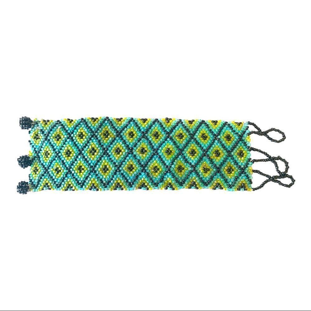 Pair blue green black woven beaded bracelets 7.5” x 2”